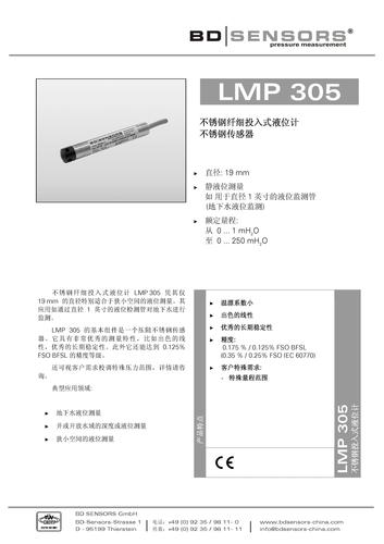 德国 BD SENSORS 不锈钢纤细投入式液位计 LMP 305 产品说明