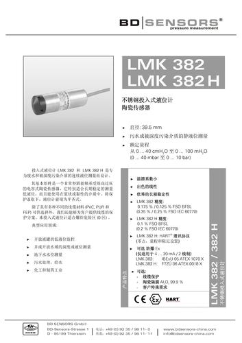 德国 BD SENSORS  不锈钢投入式液位计 LMK 382/LMK 382 H 产品说明