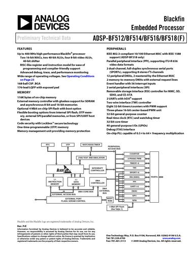 ADI ADSP-BF518:  具有低功耗、先进的嵌入式连接性能的Blackfin处理器英文产品数据手册