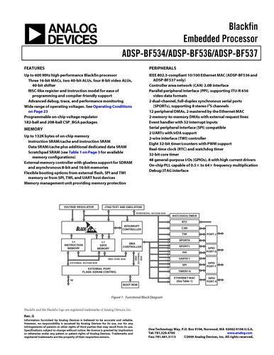 ADI ADSP-BF536：有嵌入式网络连接性的Blackfin处理器英文产品数据手册