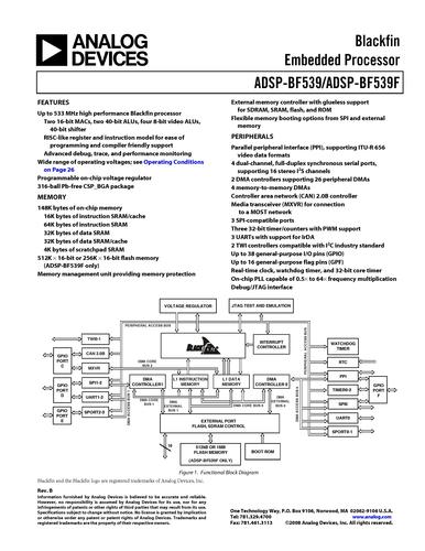 ADI ADSP-BF539：Blackfin处理器，用于汽车导航、娱乐和音频系统英文产品数据手册