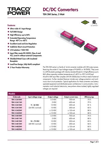 瑞士高性能DC/DC TEN系列电源资料文档