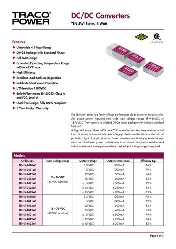 瑞士高性能DC/DC TEN系列电源资料文档