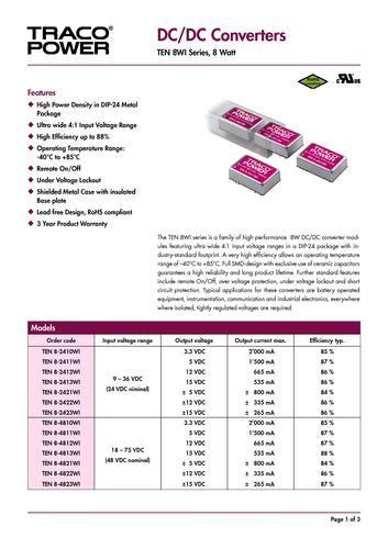 瑞士高性能DC/DC TEN 8WI 系列电源资料文档
