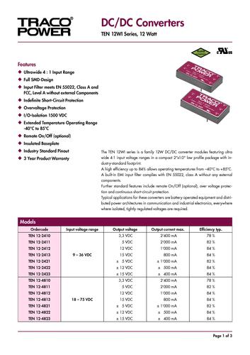 瑞士高性能DC/DC TEN  系列12WI电源资料文档