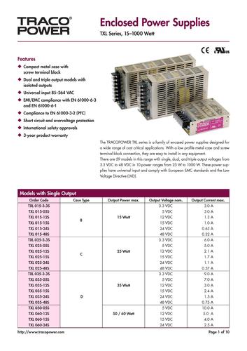 瑞士TRACOPOWER尖端电源TXL封闭式AC/DC电源