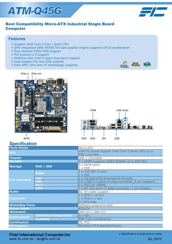 Ubiqconn攸泰科技 ATM-Q45G 工业级主机板英文规格书