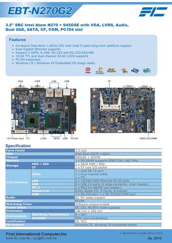 Ubiqconn攸泰科技 EBT-N270G2 工业级主机板英文规格书