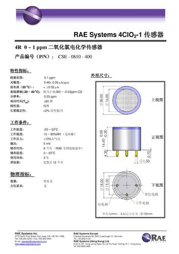 昆山诺金-RAE Systems 4ClO2-1二氧化氯电化学传感器产品介绍