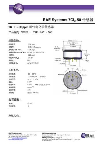 昆山诺金-RAE Systems 7Cl2-50氯气电化学传感器产品介绍