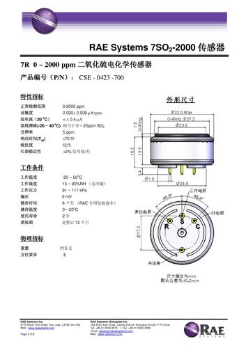 RAE Systems 7SO2-2000二氧化硫电化学传感器 产品说明书