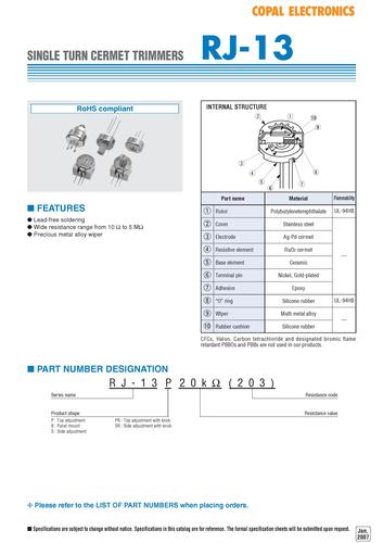 COPAL RJ-13 金属陶瓷型微调电位器（Trimmer Potentiometers）