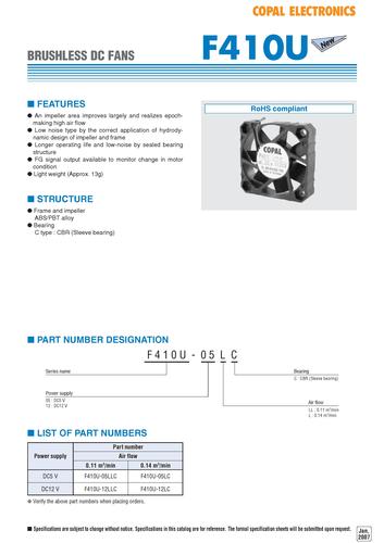 COPAL F410U 无电刷DC风扇（DC Fans） 样本