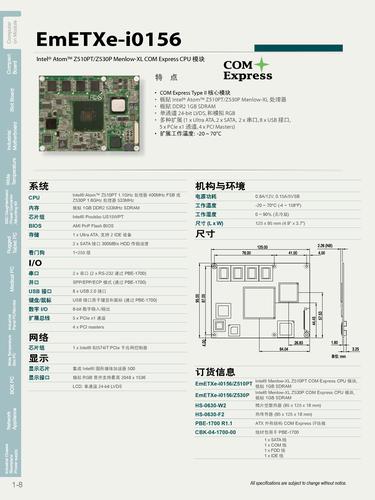 EmETXe-i0156 Intel Atom Z510PT COM Express CPU 模块产品Datasheet