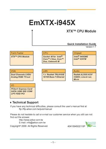 Intel Core 2 Duo XTX? CPU 模块 EmXTX-i945X 产品快速安装指南(英文)