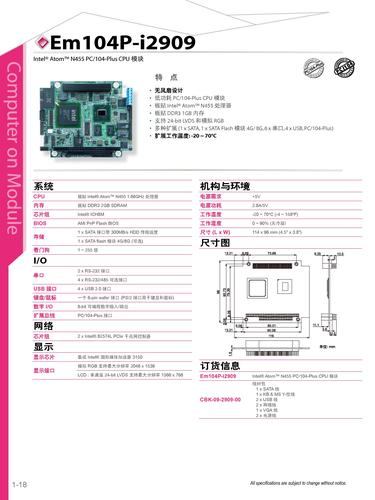 Em104P-i2909: Intel Atom N455 PC/104-Plus CPU 模块 产品规格表