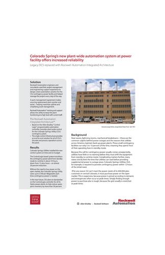 罗克韦尔PlantPAx为Colorado Spring新工厂电力设施提供可靠性