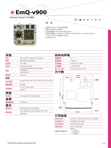 EmQ-v900 VIA Nano Qseven CPU 模块产品规格表