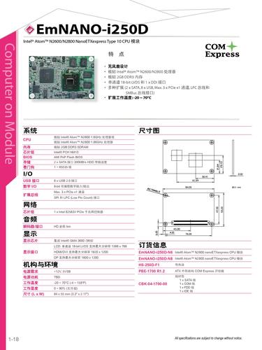 EmNANO-i250D Atom NanoETXexpress Type 10 CPU 模块产品规格表