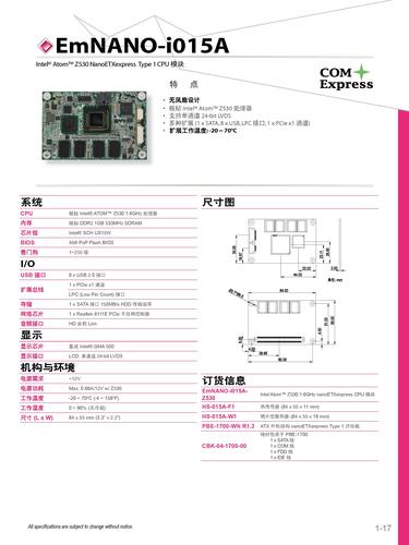 EmNANO-i015A Atom Z530 NanoETXexpress Type 1 CPU 模块产品规格表