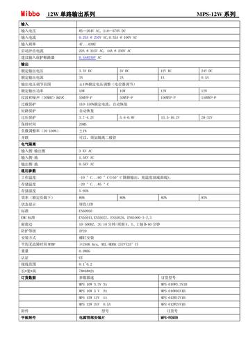 Mibbo  MPS-12W单路输出系列开关电源数据手册