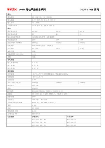 Mibbo MDR-1100F导轨单路输出系列开关电源手册
