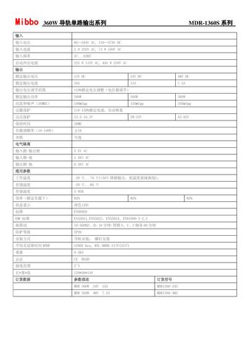 Mibbo MDR-1360F导轨单路输出系列开关电源手册