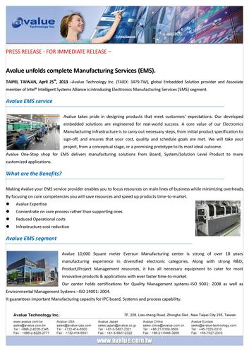 Avalue unfolds complete Manufacturing Services (EMS)