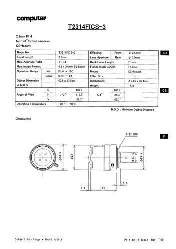 Computar T2314FICS-3系列手动光圈 产品简介