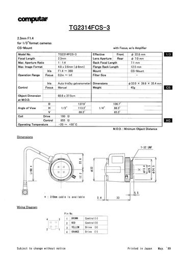 Computar TG2314FCS-3系列自动光圈（DC） 产品简介