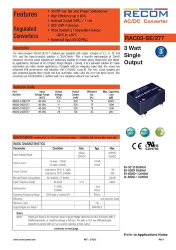 RECOM RAC03-SE/277 modules样本（英文）