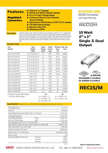 RECOM 高性价比15W DC/DC转换器样本（英文）