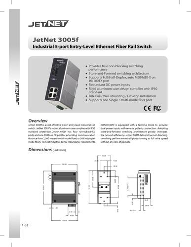 芯惠通Korenix JetNet 3005f工业级光纤以太网交换机产品说明书