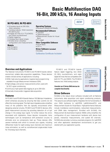 NI 16路模拟输入的多功能数据采集（DAQ）卡NI PCI-6013、NI PCI-6014产品样本