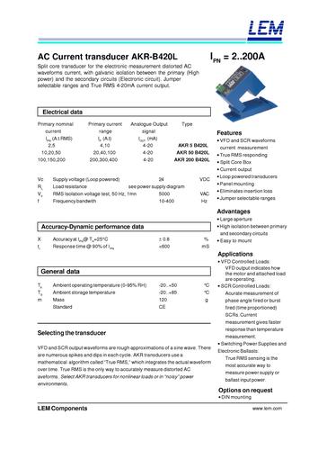 LEM 变频器专用交流流变送器AKR-B420L产品说明